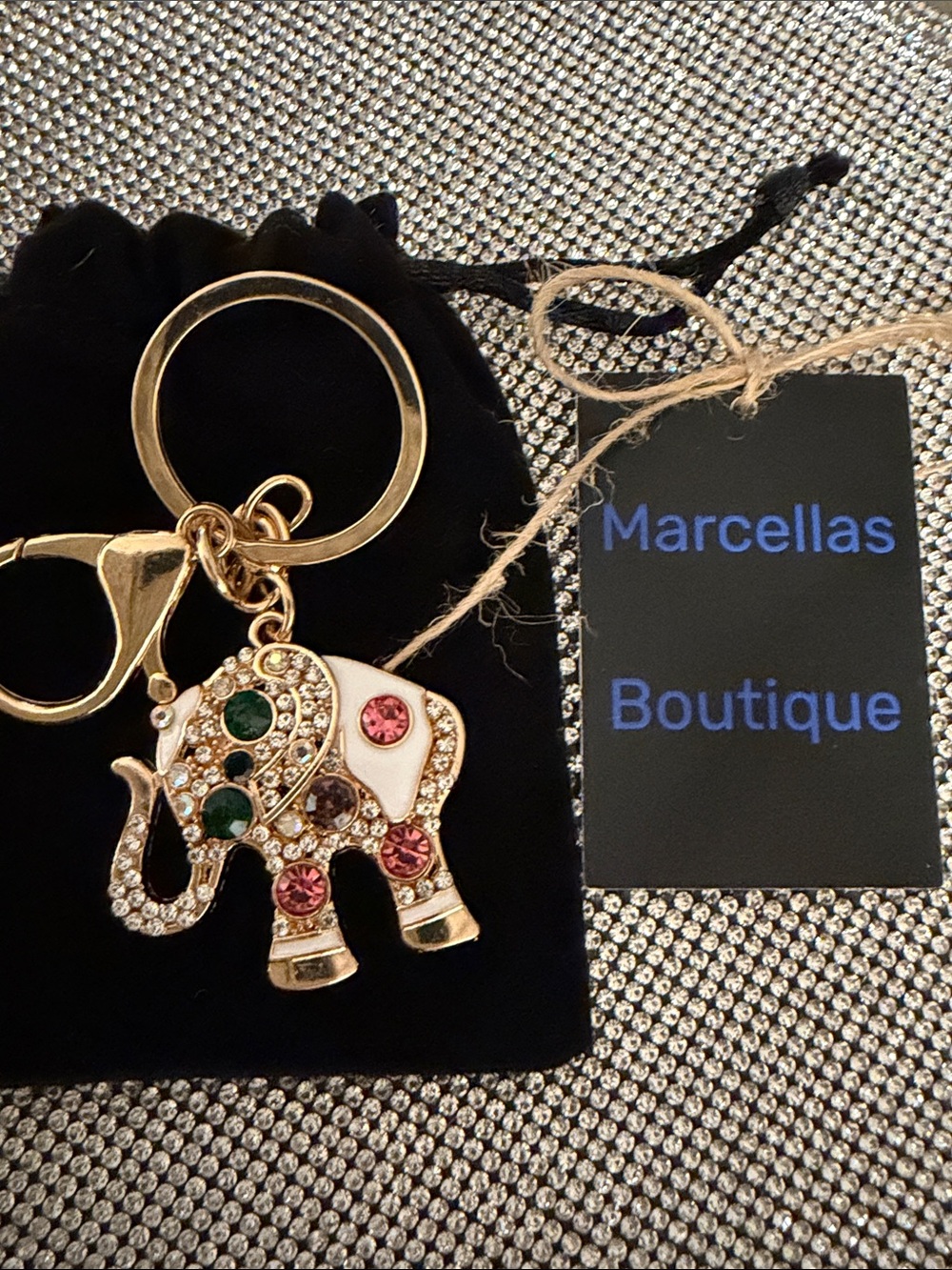 Gold Elephant Keychain with Pink & Green Crystals